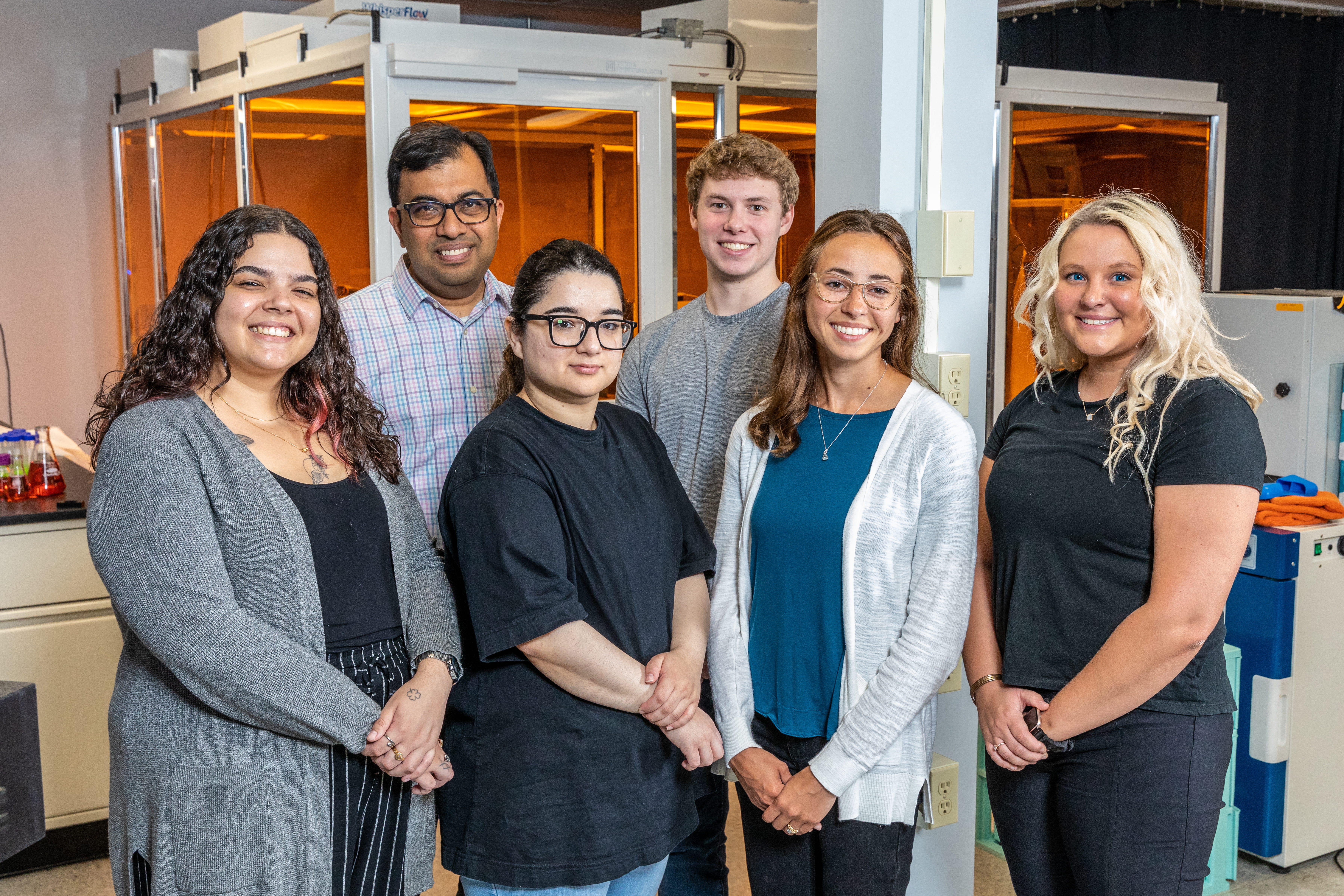 Associate Professor Kartik Balachandran’s team, left to right, includes Lais Andrade Ferreira, Balachandran, Ishita Tandon, Lance Cordes, Amanda Walls and Alexis Applequist.