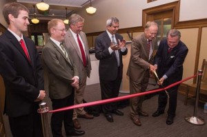 Speakers at the biomedical engineering wing dedication ended the celebration with a ribbon cutting. From left to right: Gage Greening, Aric Lasher, Dean John English, Ashok Saxena, Jim von Gremp, Chancellor G. David Gearhart.